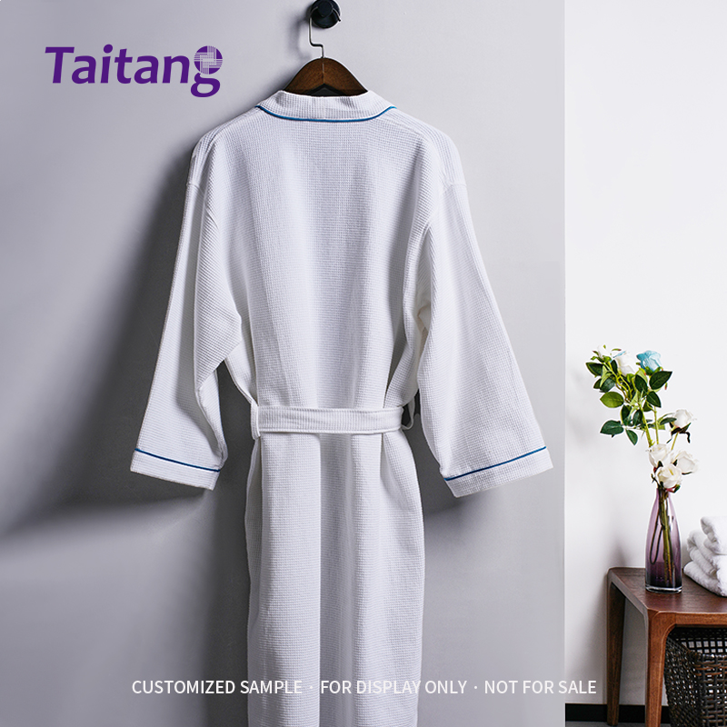 小华夫格和服领捆蓝色牙条浴袍